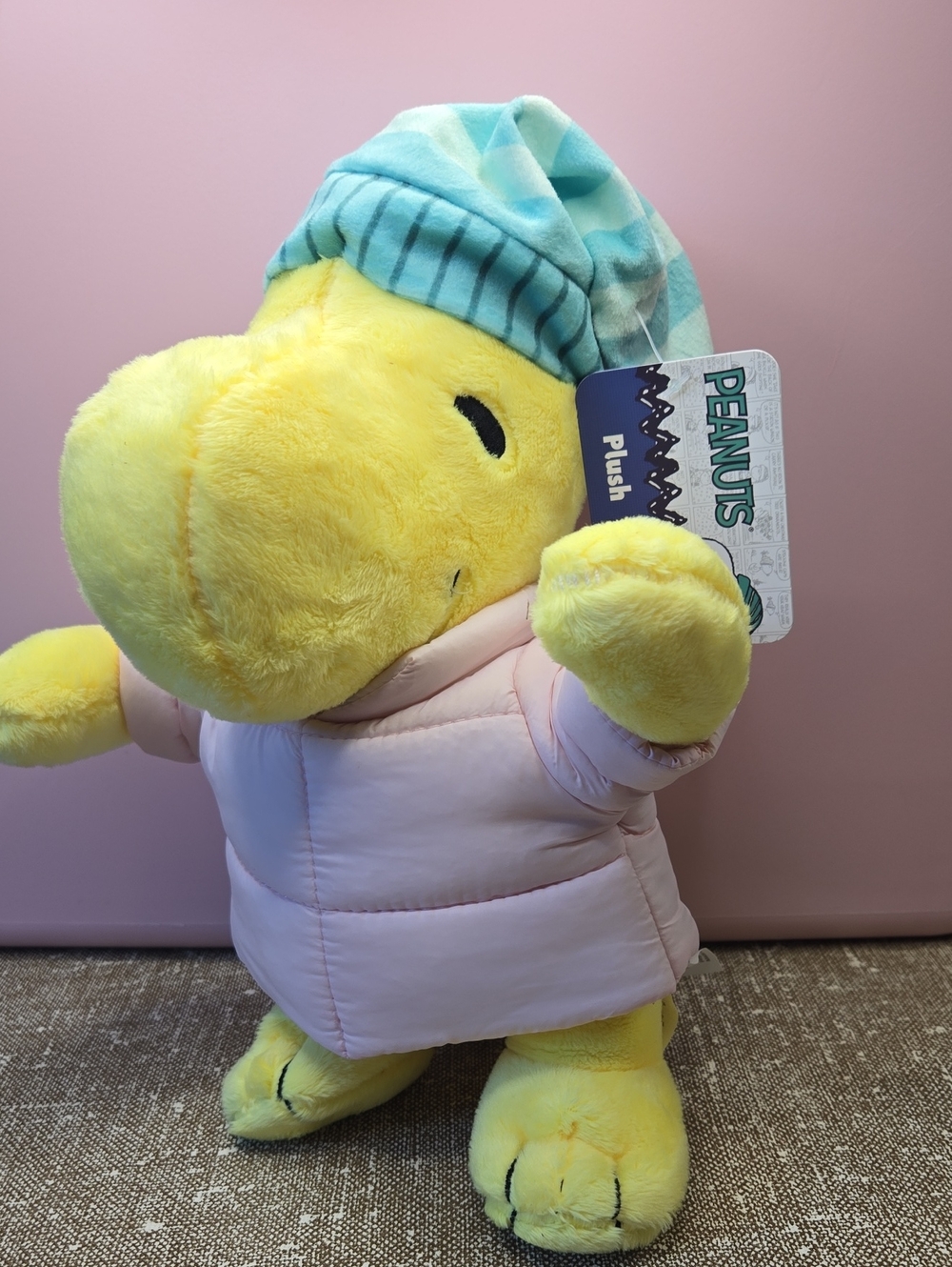 Peanuts Woodstock Plush in Yellow with Light Pink Coat and Light Blue Hat